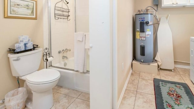 bathroom with shower / bath combination with glass door, tile patterned flooring, toilet, and water heater