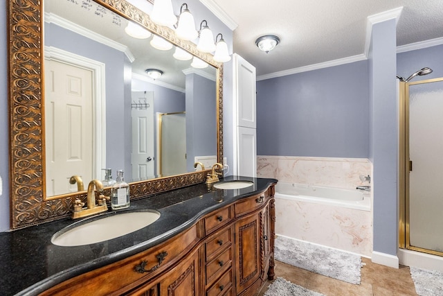 bathroom featuring vanity, a textured ceiling, separate shower and tub, and ornamental molding