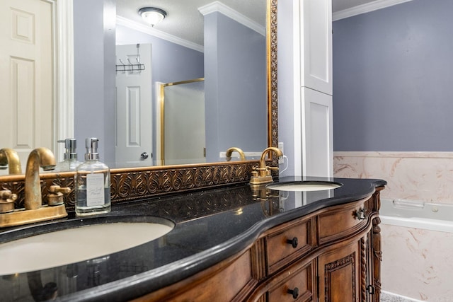 bathroom with vanity, ornamental molding, a textured ceiling, and independent shower and bath