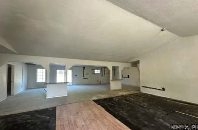 unfurnished living room featuring electric panel and lofted ceiling