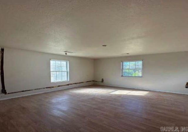 empty room featuring hardwood / wood-style floors, a textured ceiling, and plenty of natural light