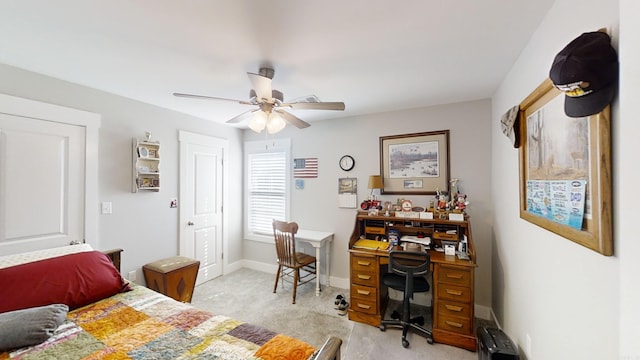 bedroom with light colored carpet and ceiling fan