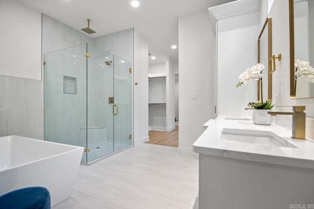 bathroom featuring vanity and independent shower and bath