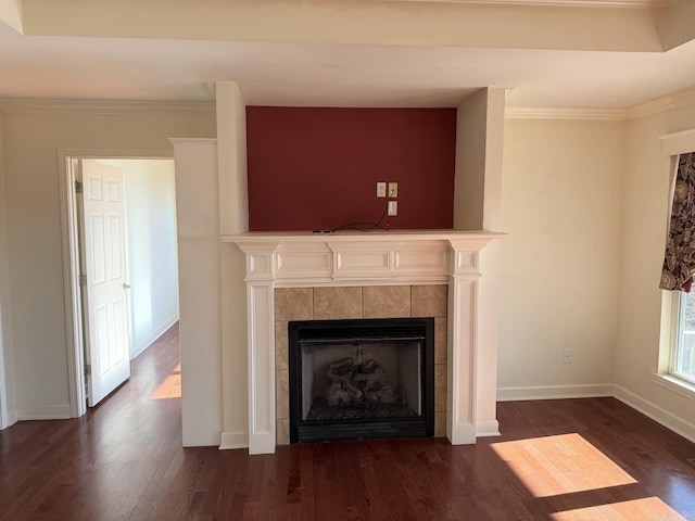 details featuring a fireplace, hardwood / wood-style floors, and ornamental molding