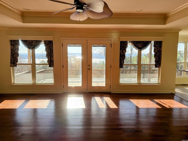 doorway with a wealth of natural light, dark wood-type flooring, and ornamental molding