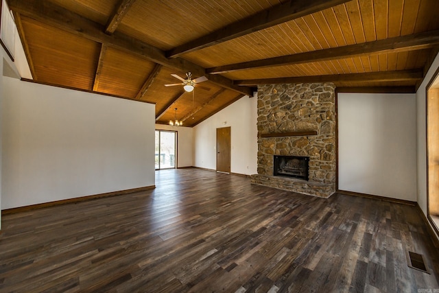 unfurnished living room with wood ceiling, a stone fireplace, dark wood-type flooring, and lofted ceiling with beams