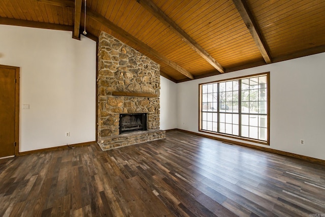 unfurnished living room featuring dark hardwood / wood-style flooring, wood ceiling, high vaulted ceiling, beamed ceiling, and a stone fireplace