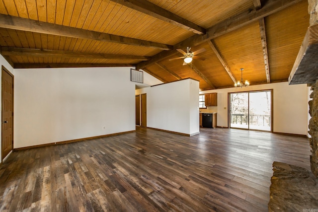 unfurnished living room featuring vaulted ceiling with beams, wooden ceiling, dark wood-type flooring, and ceiling fan with notable chandelier