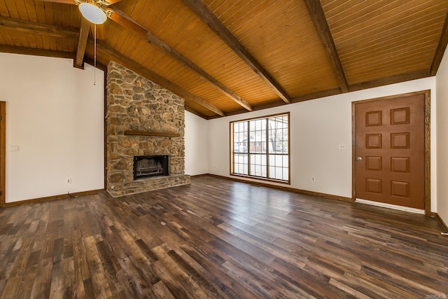 unfurnished living room with wood ceiling, a fireplace, dark hardwood / wood-style flooring, and lofted ceiling with beams