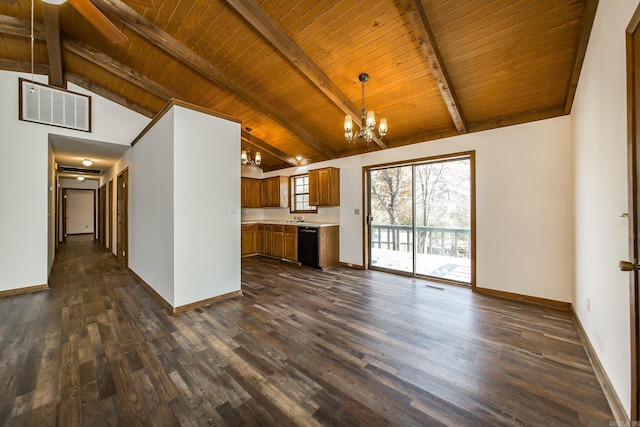 unfurnished living room with dark hardwood / wood-style flooring, beamed ceiling, wood ceiling, and a notable chandelier