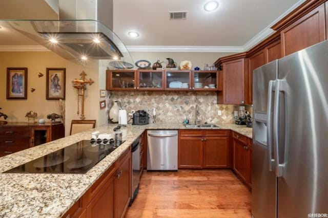 kitchen with sink, ornamental molding, appliances with stainless steel finishes, light hardwood / wood-style floors, and island exhaust hood