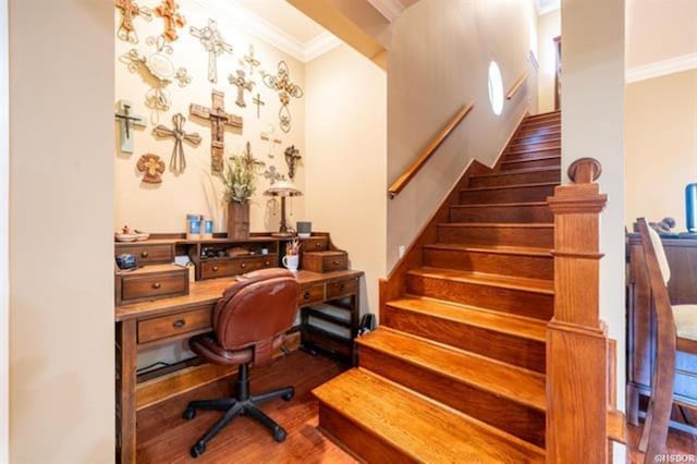 home office featuring hardwood / wood-style flooring and ornamental molding