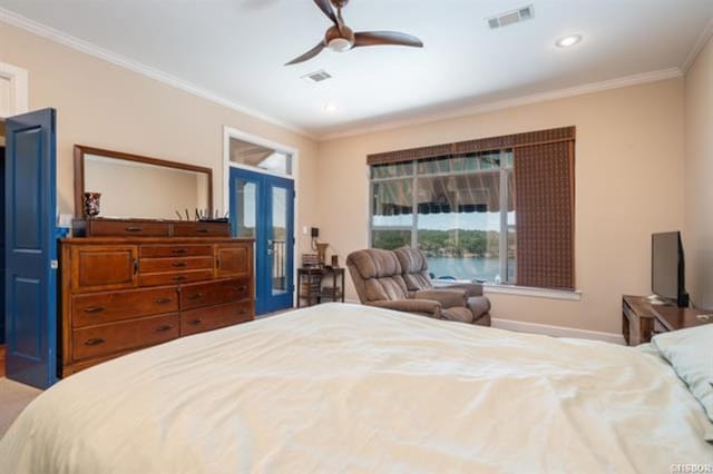 bedroom featuring access to exterior, ceiling fan, french doors, and ornamental molding