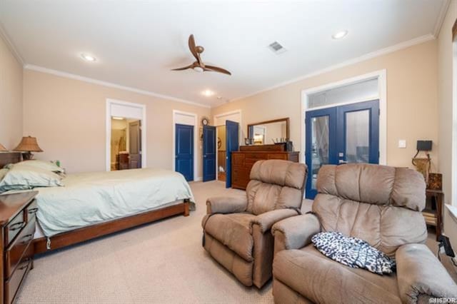 bedroom featuring french doors, ornamental molding, access to outside, ceiling fan, and carpet floors