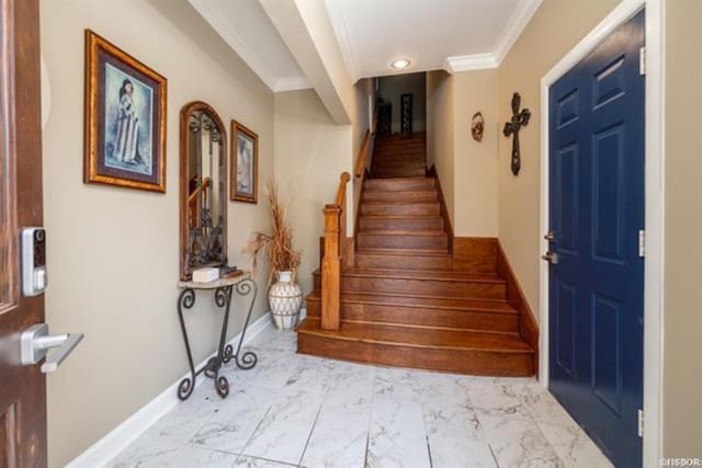 stairs featuring ornamental molding