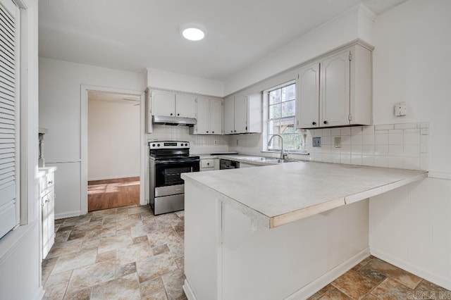 kitchen featuring kitchen peninsula, tasteful backsplash, sink, electric stove, and black dishwasher