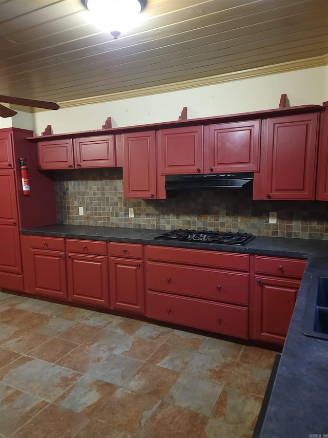 kitchen with black gas cooktop, decorative backsplash, and wood ceiling