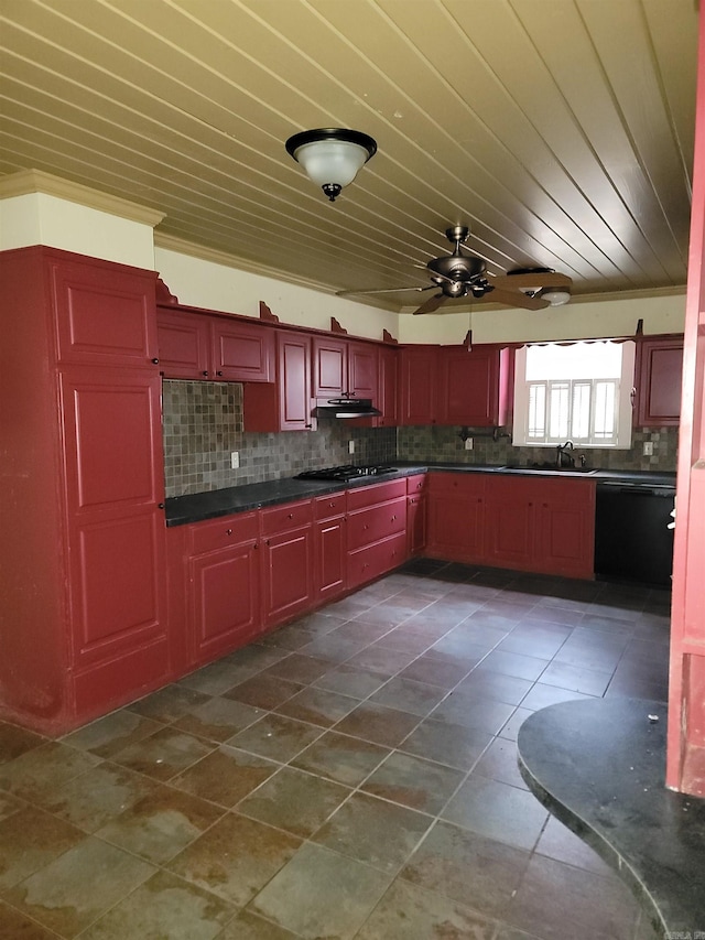 kitchen featuring ceiling fan, dishwasher, gas cooktop, ornamental molding, and wooden ceiling