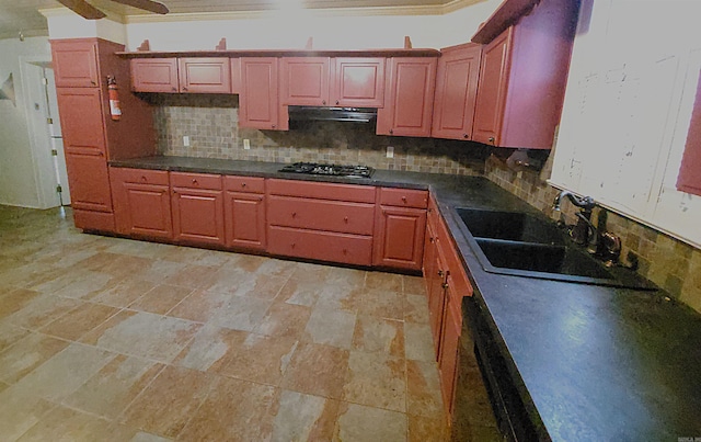 kitchen with dishwasher, sink, backsplash, black gas cooktop, and range hood