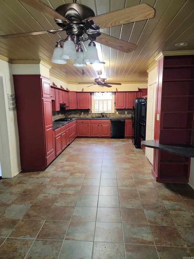 kitchen with sink, black appliances, crown molding, and wood ceiling