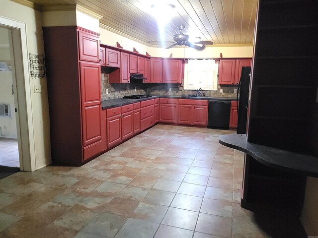 kitchen featuring wooden ceiling, ceiling fan, tasteful backsplash, black appliances, and sink