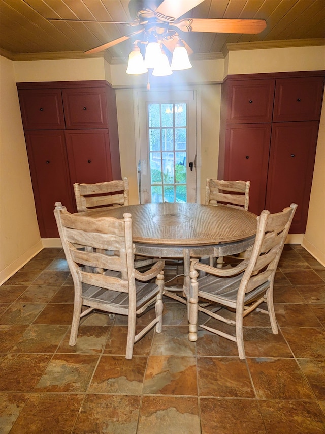 dining room featuring wooden ceiling, crown molding, and ceiling fan