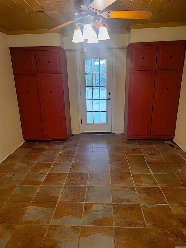 entryway featuring ceiling fan and wooden ceiling