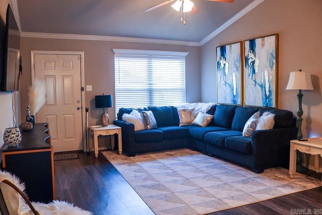 living room with ceiling fan, wood-type flooring, ornamental molding, and vaulted ceiling