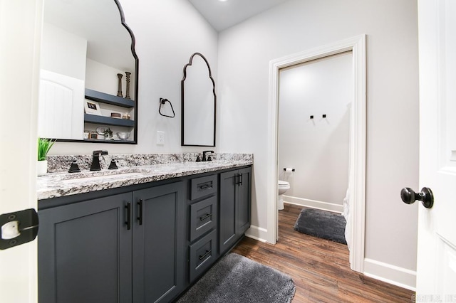 bathroom with vanity, hardwood / wood-style flooring, and toilet