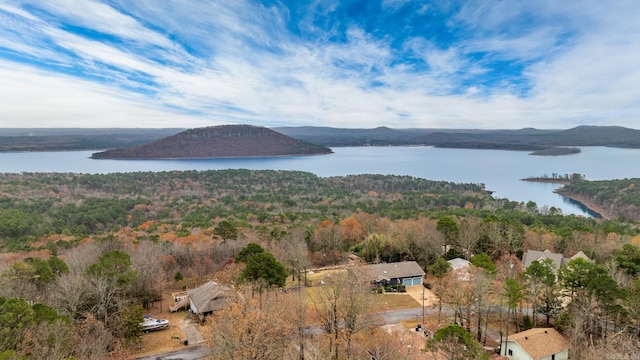 drone / aerial view with a water and mountain view