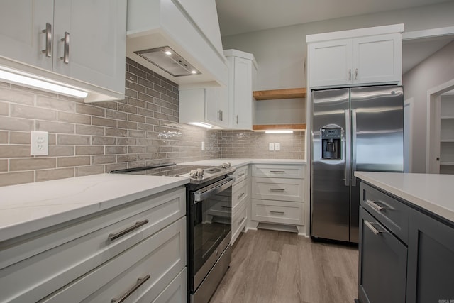 kitchen featuring backsplash, white cabinets, light hardwood / wood-style floors, custom range hood, and stainless steel appliances