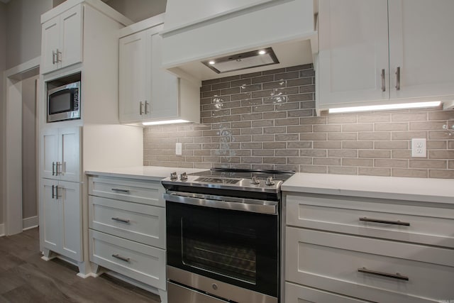 kitchen featuring tasteful backsplash, custom exhaust hood, stainless steel appliances, dark hardwood / wood-style floors, and white cabinetry