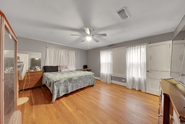 bedroom featuring light wood-type flooring and ceiling fan
