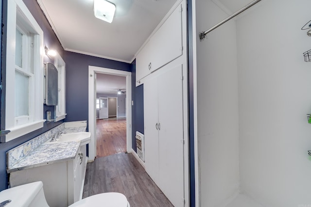 interior space featuring hardwood / wood-style floors, vanity, ornamental molding, and toilet