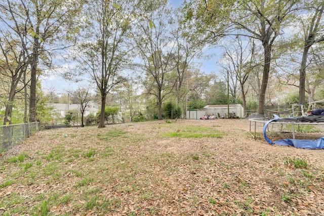 view of yard with a storage shed and a trampoline