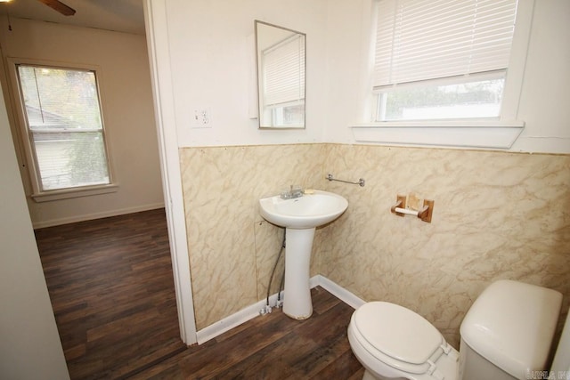 bathroom featuring sink, hardwood / wood-style floors, ceiling fan, and toilet