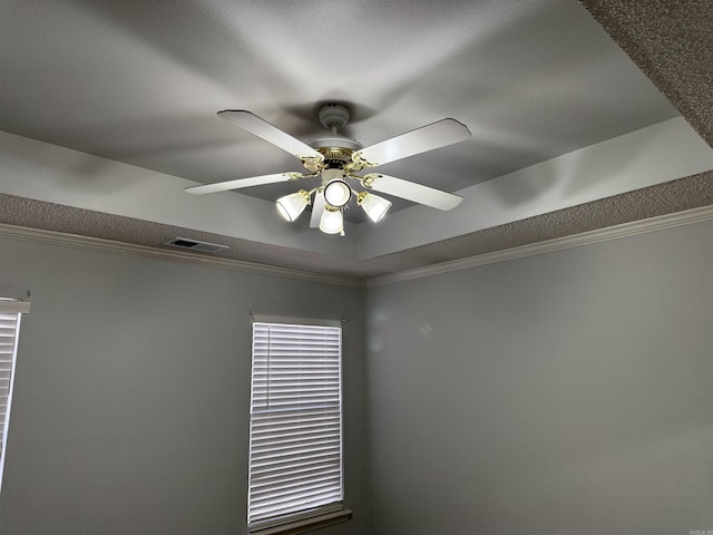 details with ceiling fan and ornamental molding