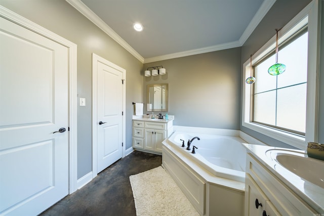 bathroom with vanity, concrete floors, a bathtub, and crown molding