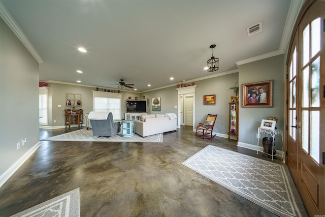 unfurnished living room featuring concrete floors, ceiling fan with notable chandelier, and ornamental molding