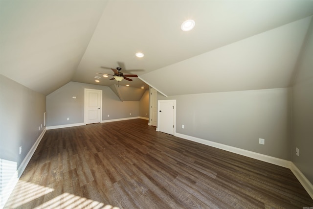 bonus room featuring ceiling fan, dark hardwood / wood-style flooring, and vaulted ceiling