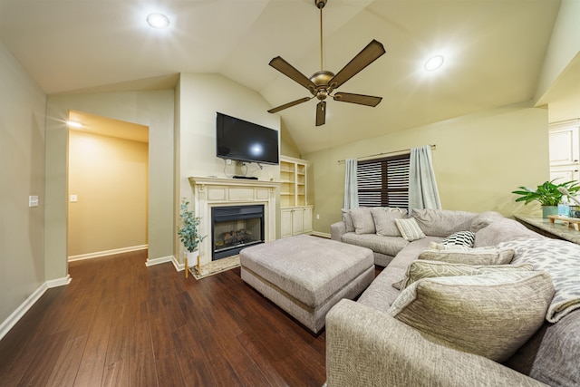 living room with ceiling fan, dark hardwood / wood-style flooring, and lofted ceiling