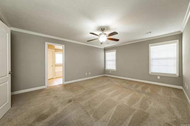 spare room featuring a textured ceiling, ceiling fan, ornamental molding, and light carpet