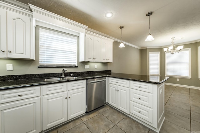 kitchen featuring sink, stainless steel dishwasher, kitchen peninsula, crown molding, and white cabinets