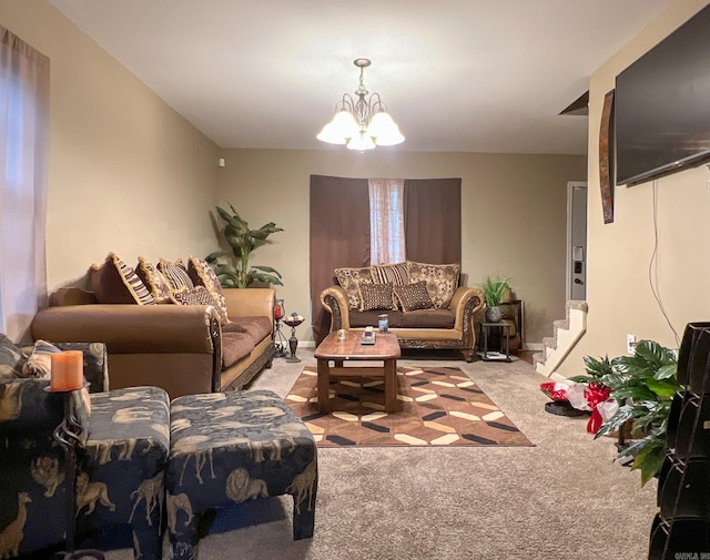 carpeted living room featuring an inviting chandelier