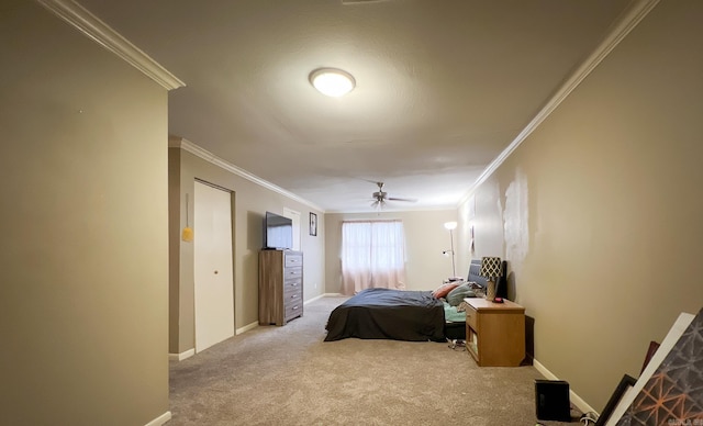 bedroom with light colored carpet and crown molding