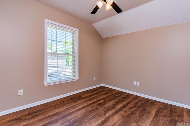 additional living space with dark hardwood / wood-style flooring, ceiling fan, and lofted ceiling