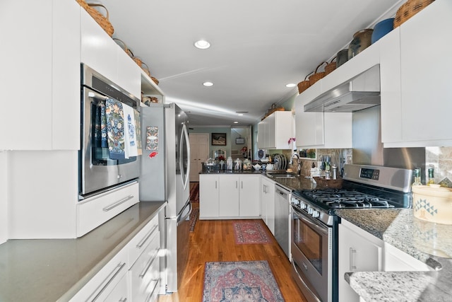 kitchen with dark stone countertops, dark hardwood / wood-style flooring, white cabinets, and appliances with stainless steel finishes