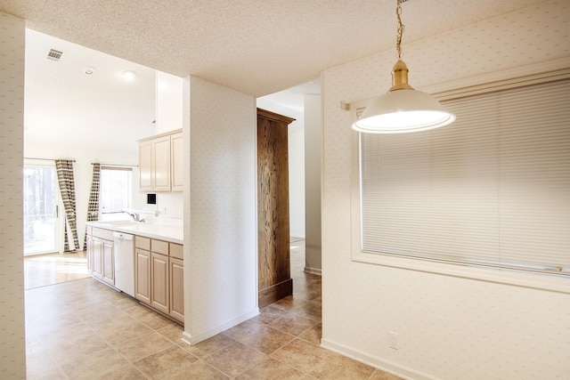 kitchen with a textured ceiling, dishwasher, sink, and hanging light fixtures