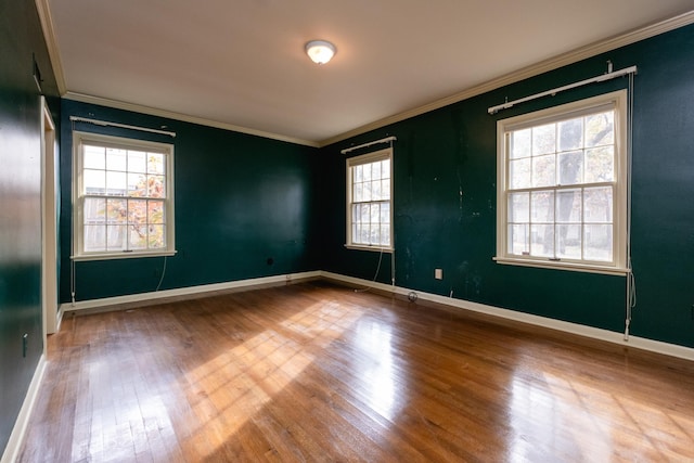 empty room featuring hardwood / wood-style floors, a wealth of natural light, and ornamental molding