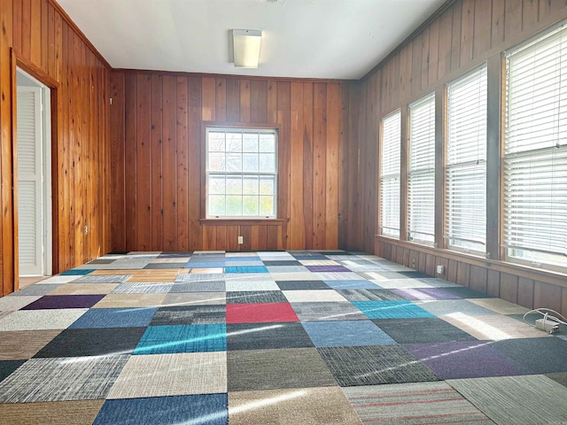 carpeted empty room with ornamental molding and wood walls